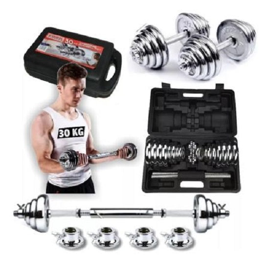 Set 30 Kilos Pesas Mancuernas Cromadas + Barra Unión + maletín